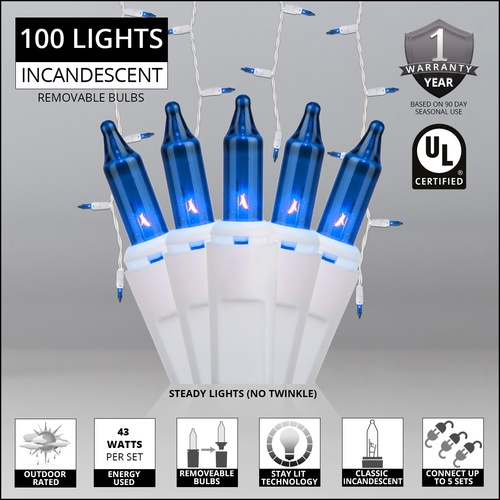 100 Blue Icicle Lights, White Wire 
