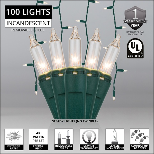 100 Clear Icicle Lights, Green Wire, Short Drops