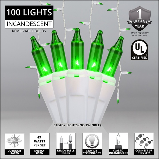 100 Green Icicle Lights, White Wire 