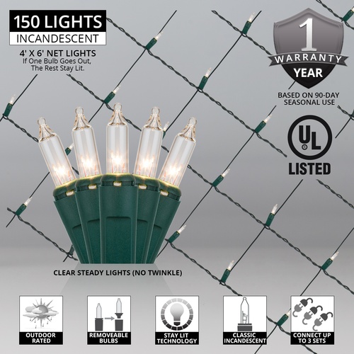 4' x 6' Net Lights - 150 Clear Lamps - Green Wire