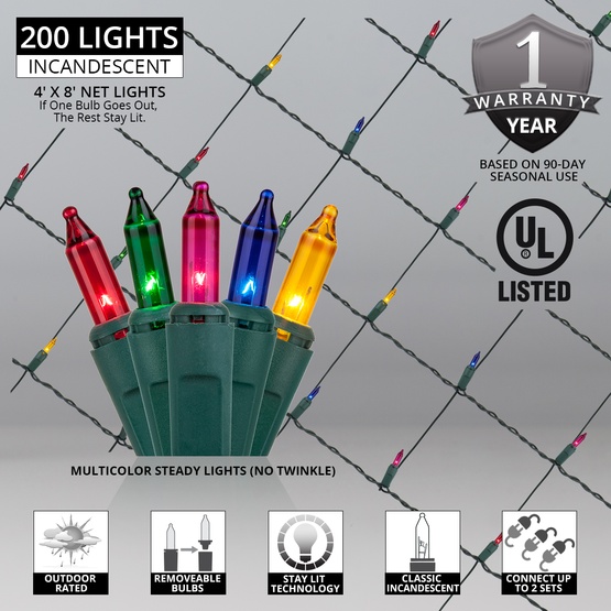 4' x 8' Net Lights - 200 Multi (Red, Green, Pink, Blue, Yellow) Lamps - Green Wire 