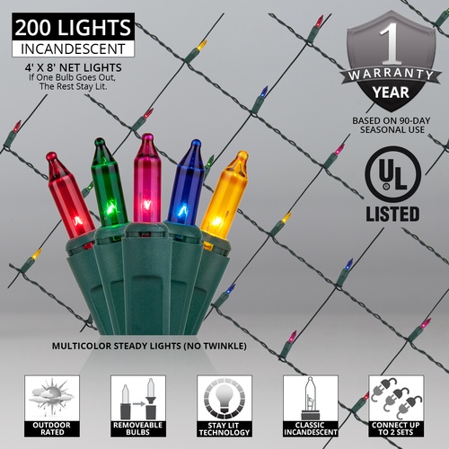 4' x 8' Net Lights - 200 Multi (Red, Green, Pink, Blue, Yellow) Lamps - Green Wire 