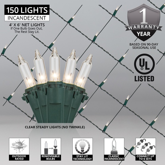 Commercial - 4' x 6' Net Lights - 150 Clear Lamps - Green Wire