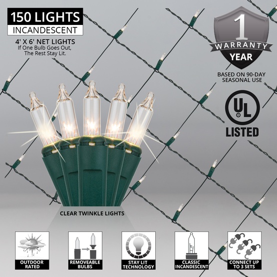 4' x 6' Twinkle Net Lights - 150 Clear Lamps - Green Wire