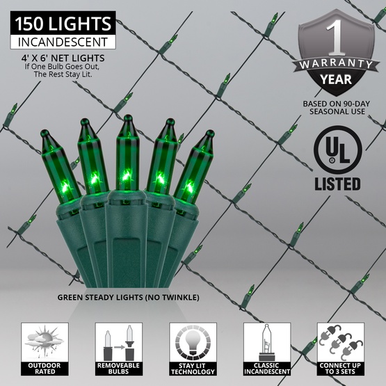 150 Green Mini Net Lights on Green Wire, 4' x 6'