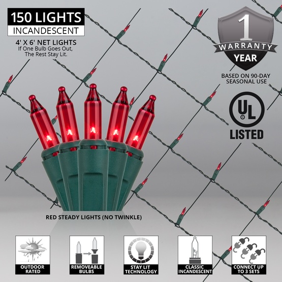 4' x 6' Net Lights - 150 Red Lamps - Green Wire