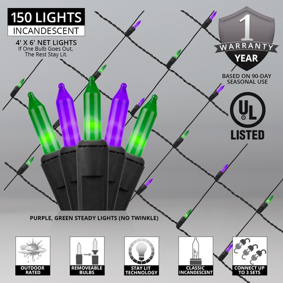 4' x 6' Net Lights - 150 Purple, Green Lights - Black Wire