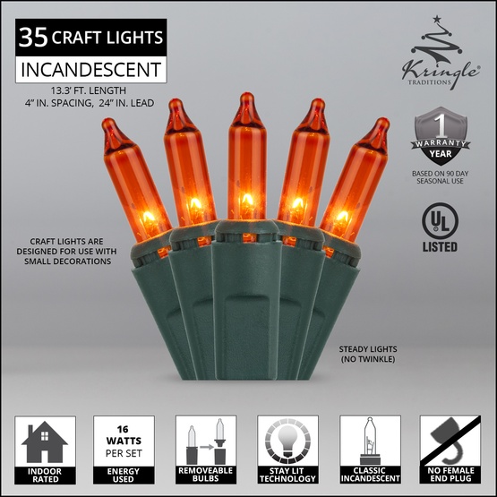 35 Amber / Orange Lights, 4" Spacing, Green Wire
