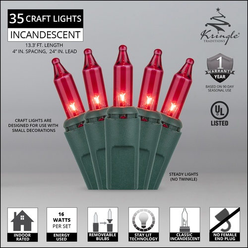 Christmas Lights 35 Red Mini Lights, 4" Spacing, Green Wire