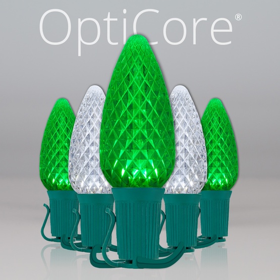 C9 Cool White / Green OptiCore Commercial LED Christmas String Lights, 50 Lights, 50'