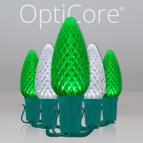 C9 Cool White / Green OptiCore Commercial LED Christmas String Lights, 50 Lights, 50'