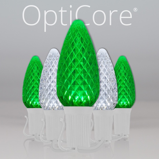 C9 Cool White / Green OptiCore Commercial LED Christmas String Lights, 50 Lights, 50'