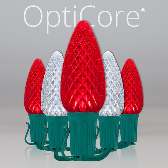 C9 Cool White / Red OptiCore Commercial LED Christmas String Lights, 50 Lights, 50'