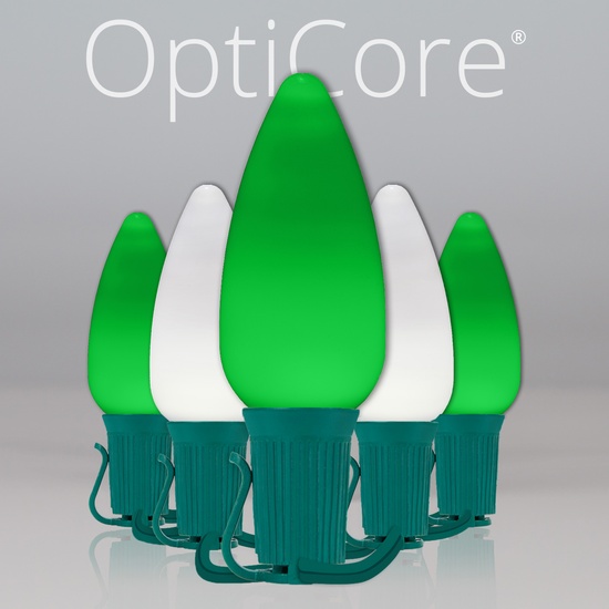 C9 Cool White / Green Smooth OptiCore Commercial LED Christmas String Lights, 50 Lights, 50'