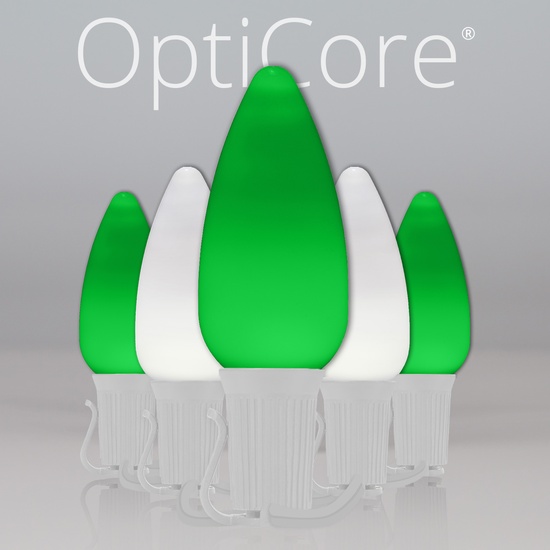 C9 Cool White / Green Smooth OptiCore Commercial LED Christmas String Lights, 50 Lights, 50'