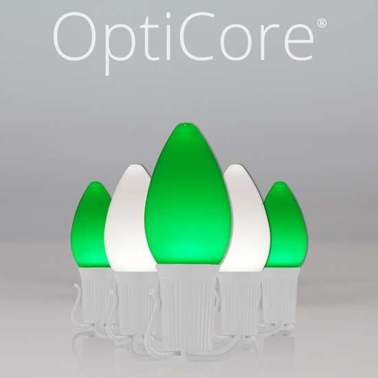 C7 Cool White / Green Smooth OptiCore Commercial LED Christmas String Lights, 50 Lights, 50'
