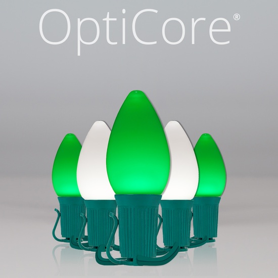 C7 Cool White / Green Smooth OptiCore Commercial LED Christmas String Lights, 50 Lights, 50'
