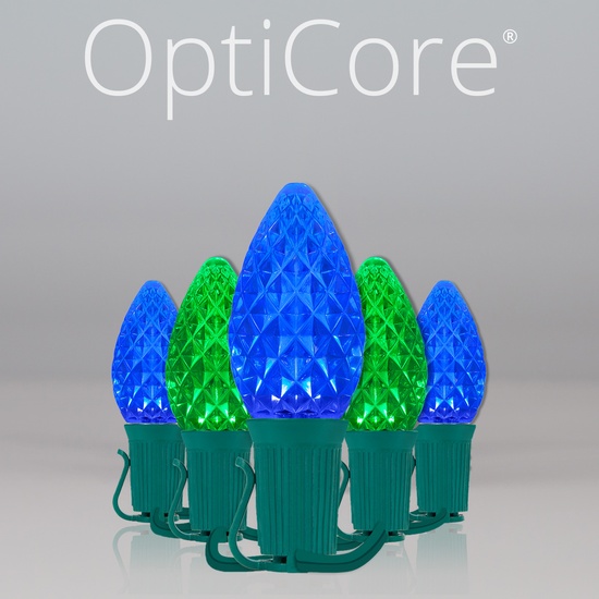 C7 Blue / Green OptiCore Commercial LED Christmas String Lights, 50 Lights, 50'