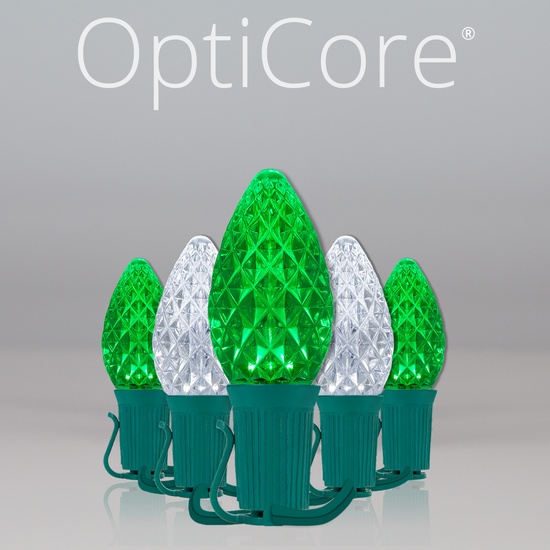 C7 Cool White / Green OptiCore Commercial LED Christmas String Lights, 50 Lights, 50'