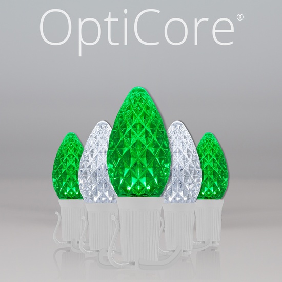 C7 Cool White / Green OptiCore Commercial LED Christmas String Lights, 50 Lights, 50'