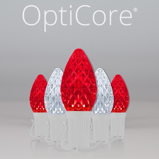 C7 Cool White / Red OptiCore Commercial LED Christmas String Lights, 50 Lights, 50'