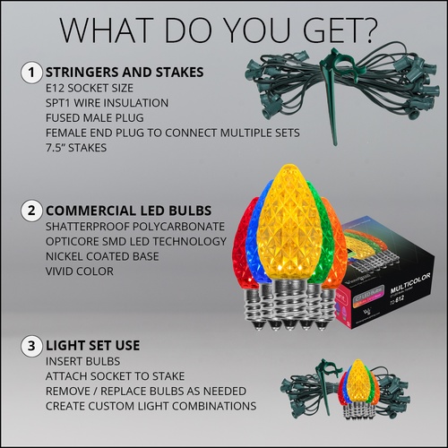 C7 Multicolor OptiCore LED Christmas Pathway Lights, 100 Lights, 7.5 Inch Stakes, 100'