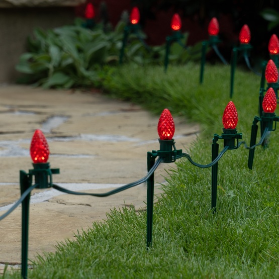 C7 Red OptiCore LED Christmas Pathway Lights, 100 Lights, 7.5 Inch Stakes, 100'
