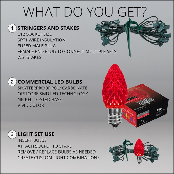 C7 Red OptiCore LED Christmas Pathway Lights, 100 Lights, 7.5 Inch Stakes, 100'