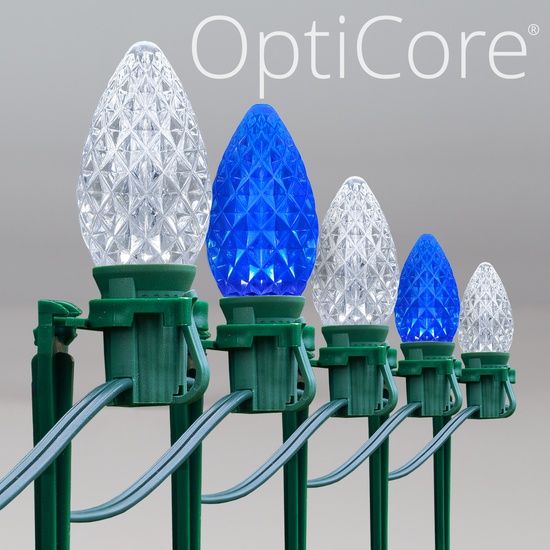 C7 Blue / Cool White OptiCore LED Christmas Pathway Lights, 100 Lights, 7.5 Inch Stakes, 100'
