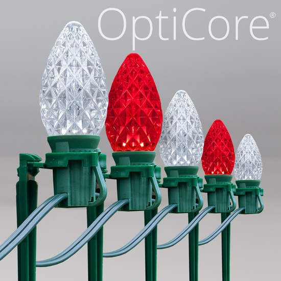 C7 Cool White / Red OptiCore LED Christmas Pathway Lights, 100 Lights, 7.5 Inch Stakes, 100'