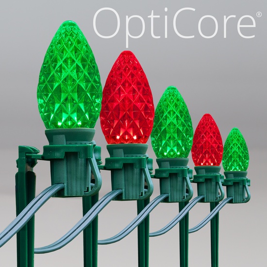 C7 Green / Red OptiCore LED Christmas Pathway Lights, 100 Lights, 7.5 Inch Stakes, 100'