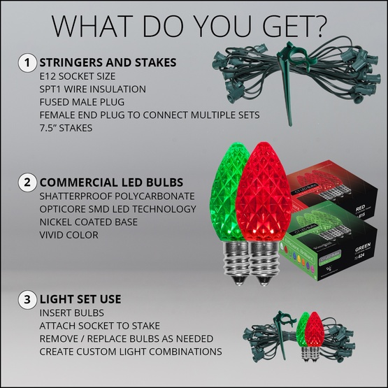 C7 Green / Red OptiCore LED Christmas Pathway Lights, 100 Lights, 7.5 Inch Stakes, 100'