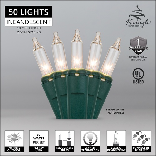 Christmas Lights 50 Clear Christmas Tree Mini Lights, 2.5" Spacing