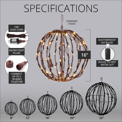 Warm White LED Christmas Light Ball, Fold Flat Brown Frame