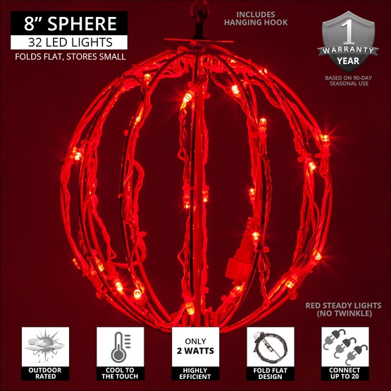 8" Red LED Christmas Light Ball, Fold Flat Red Frame