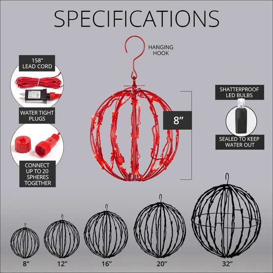 8" Red LED Christmas Light Ball, Fold Flat Red Frame