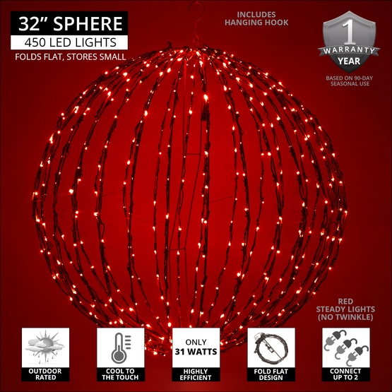 8" Red LED Christmas Light Ball, Fold Flat Red Frame