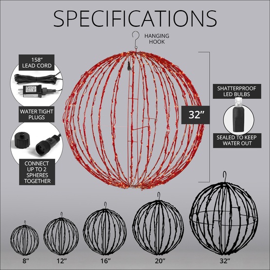 8" Red LED Christmas Light Ball, Fold Flat Red Frame