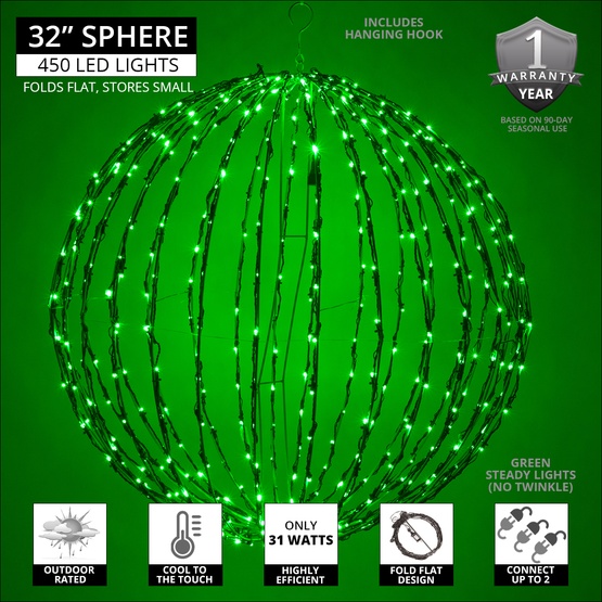 8" Green LED Christmas Light Ball, Fold Flat Green Frame