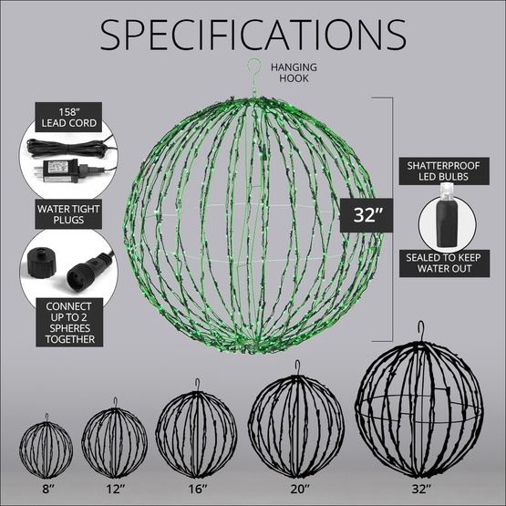 8" Green LED Christmas Light Ball, Fold Flat Green Frame