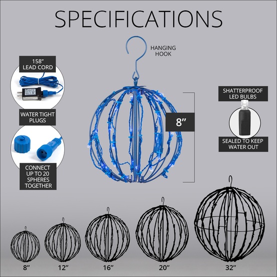 8" Blue LED Christmas Light Ball, Fold Flat Blue Frame