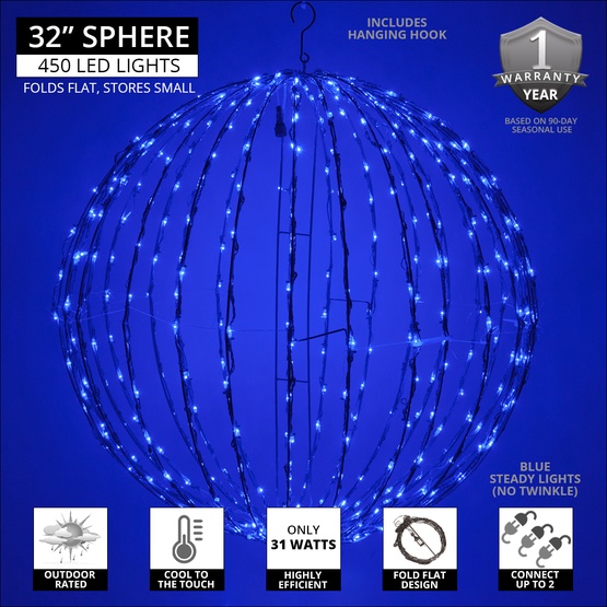 8" Blue LED Christmas Light Ball, Fold Flat Blue Frame