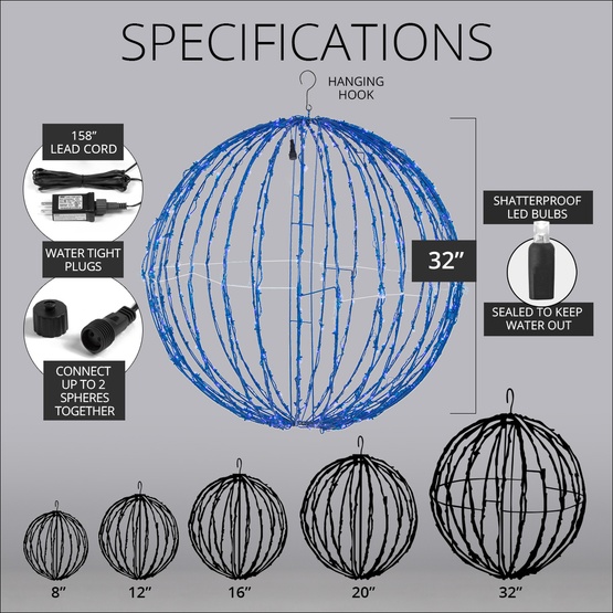 8" Blue LED Christmas Light Ball, Fold Flat Blue Frame