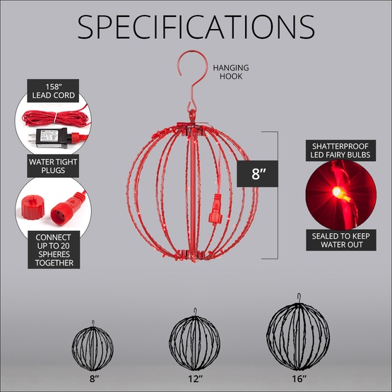 8" Red LED Fairy Christmas Light Ball, Fold Flat Red Frame