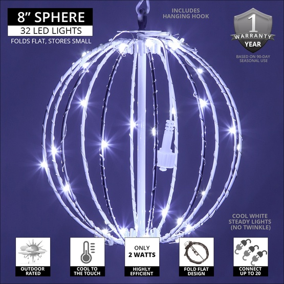 8" Cool White LED Fairy Christmas Light Ball, Fold Flat White Frame