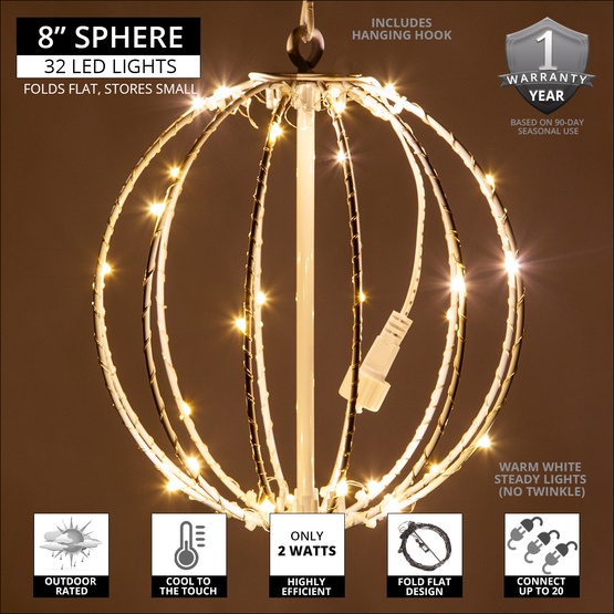 8" Warm White LED Fairy Christmas Light Ball, Fold Flat White Frame