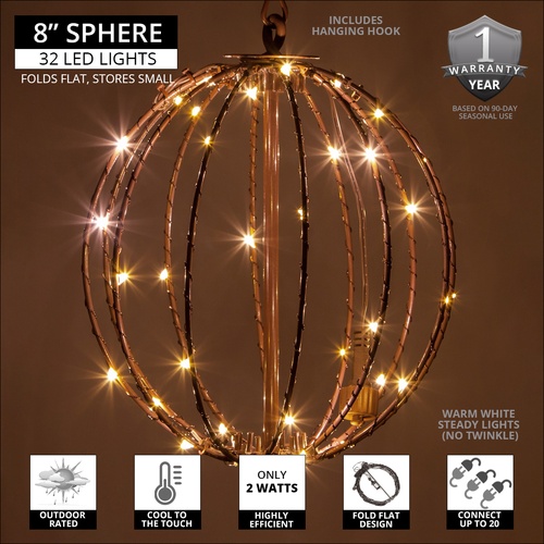 Warm White LED Fairy Christmas Light Ball, Fold Flat Brown Frame