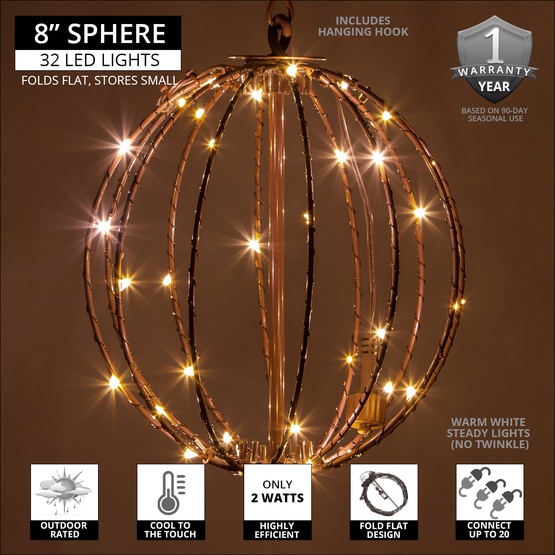 8" Warm White LED Fairy Christmas Light Ball, Fold Flat Brown Frame