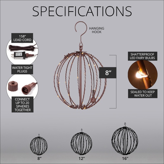 8" Warm White LED Fairy Christmas Light Ball, Fold Flat Brown Frame