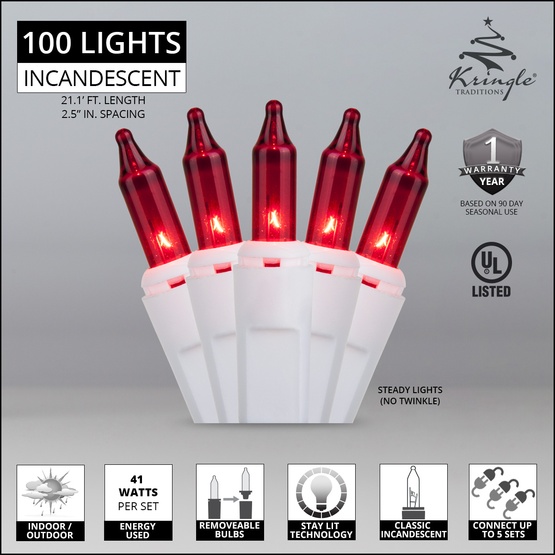 100 Red Christmas Tree Mini Lights, 2.5" Spacing, White Wire